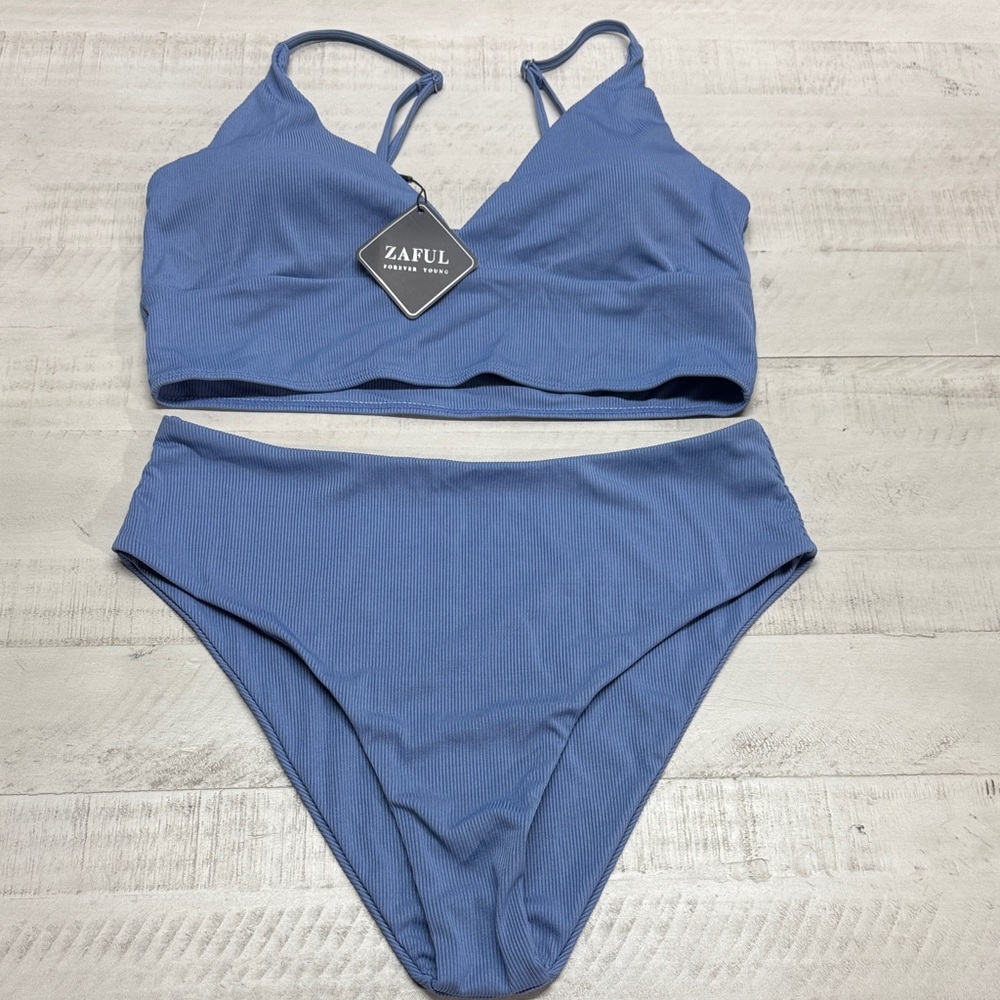 ZAFUL for Women Swimwear Ribbed High Leg Surplice Tankini Swimsuit